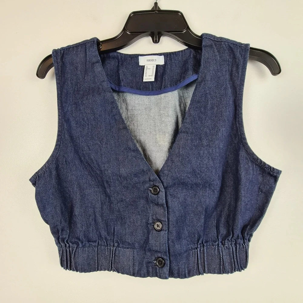 Forever 21 Women's Denim Vest Cropped Fitted Dark Wash XS Elastic Waist Buttons - Picture 1 of 7